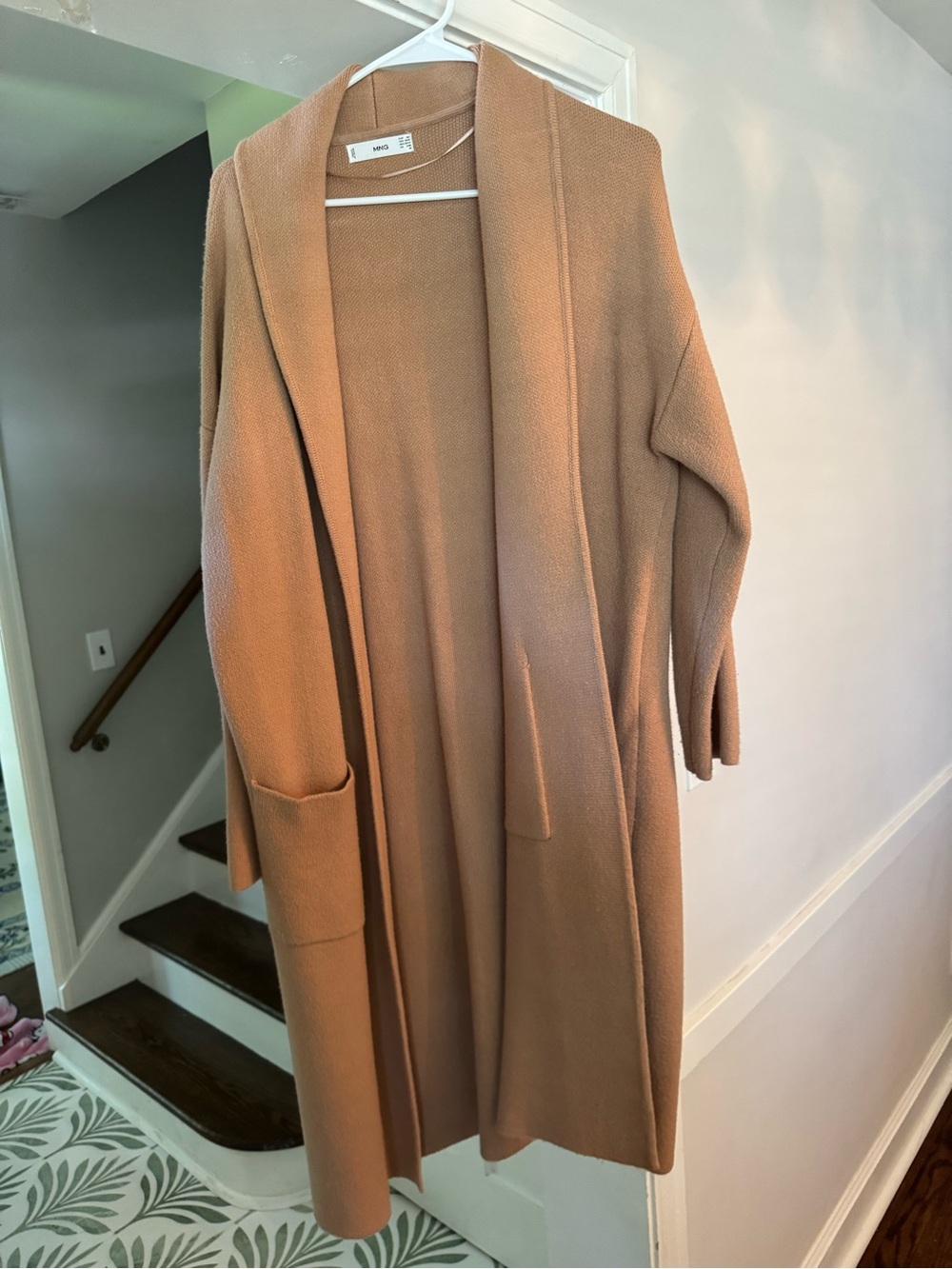 Mango Open-Front Knit Cardigan in Camel